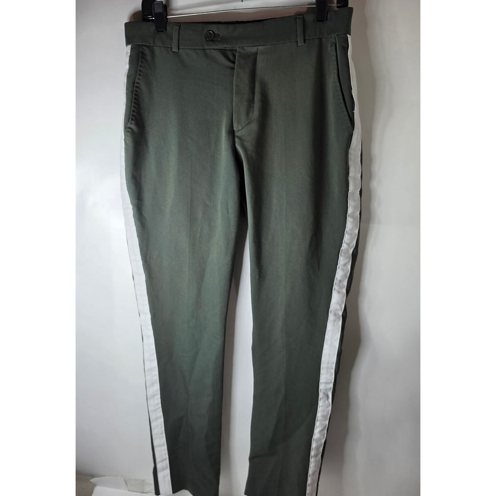boohooMAN Mens Smart Tailored Trousers 30R x 32 Olive Green Side Stripe Pants